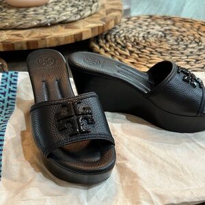 Tory Burch Black Leather Wedge Sandals
